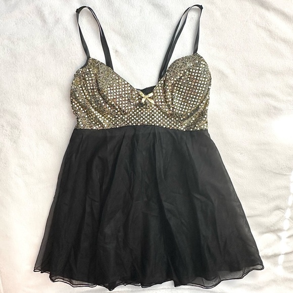 je t’adore Other - Vintage Je T’adore Gold Sequin & Sheer Nightie Babydoll Dress S Lingerie Black
